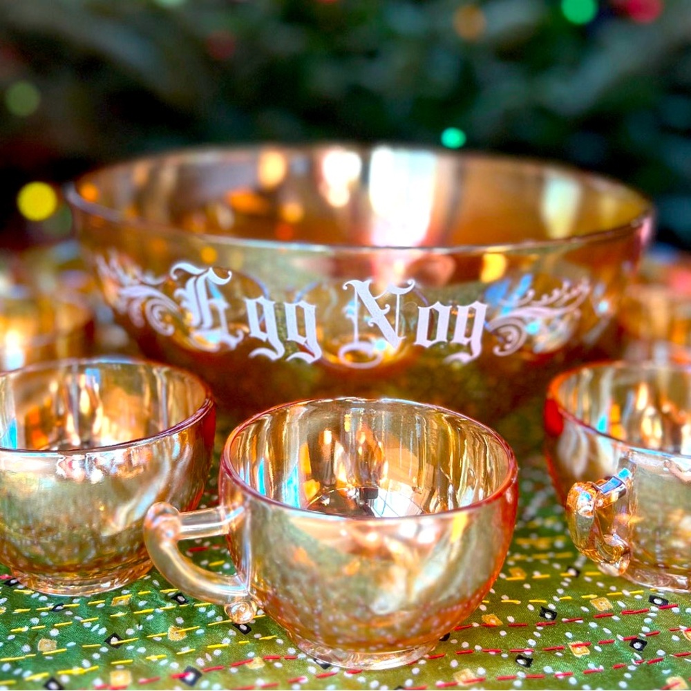 1950s Jeanette Glass Marigold Carnival Glass Egg Nog Punch Bowl and Cup Set